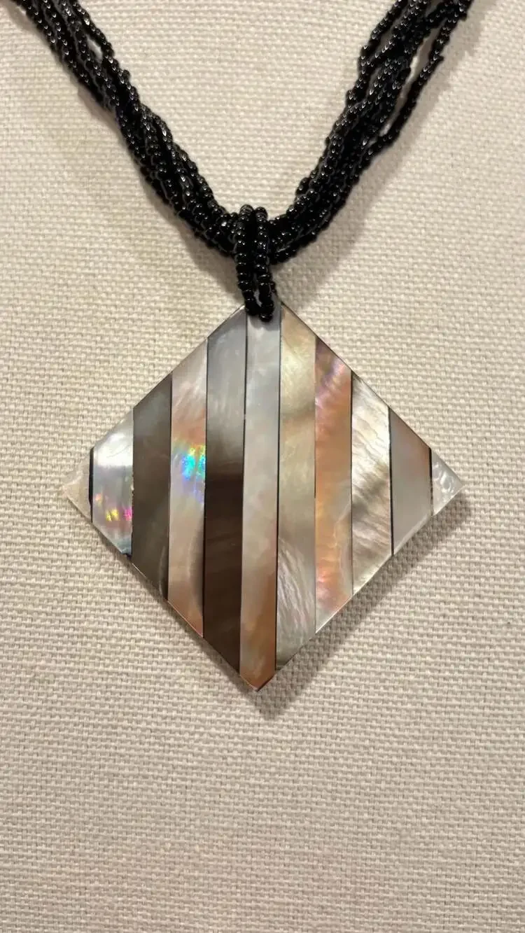 Vintage Multi-Strand Black Seed Necklace Inlaid Mother of Pearl